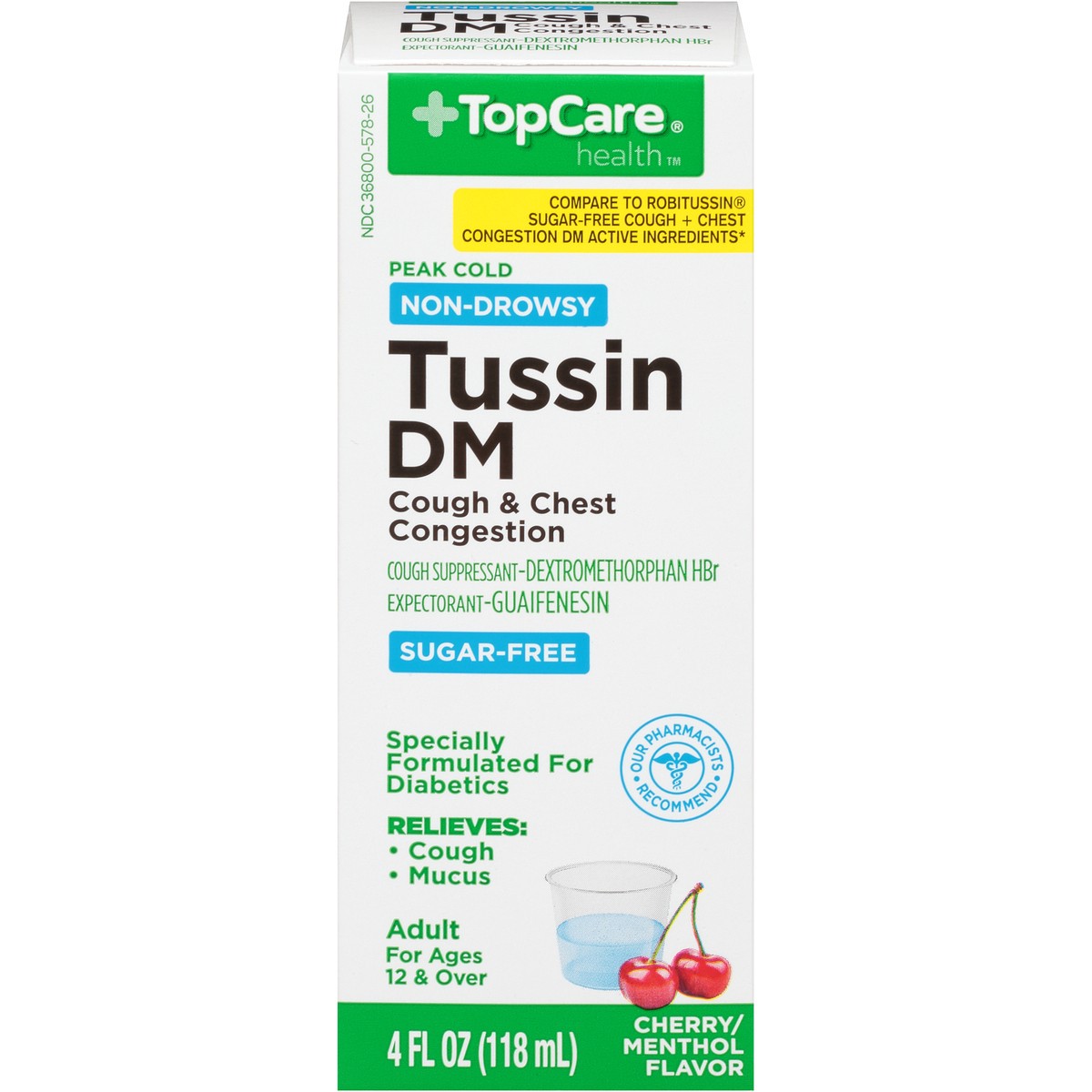 slide 1 of 9, TopCare Sugar Free Tussin DM Cough & Chest Congestion For Adults, 4 fl oz