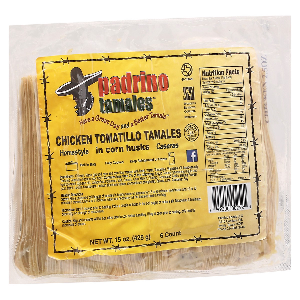 slide 10 of 12, Padrino Homestyle Chicken Tomatillo Tamales 6 ea, 6 ct