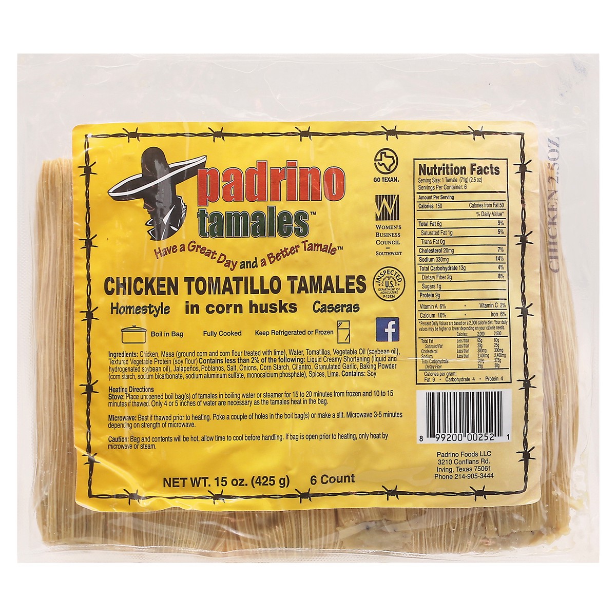 slide 1 of 12, Padrino Homestyle Chicken Tomatillo Tamales 6 ea, 6 ct