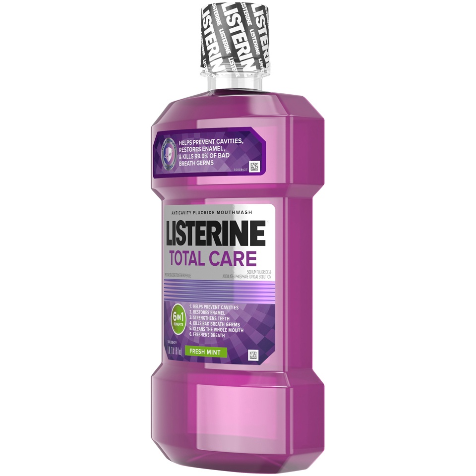 slide 3 of 6, Listerine Total Care Anticavity Fluoride Mouthwash, 6 Benefits in 1 Oral Rinse Helps Kill 99% of Bad Breath Germs, Prevents Cavities, Strengthens Teeth, ADA-Accepted, Fresh Mint, 1 liter