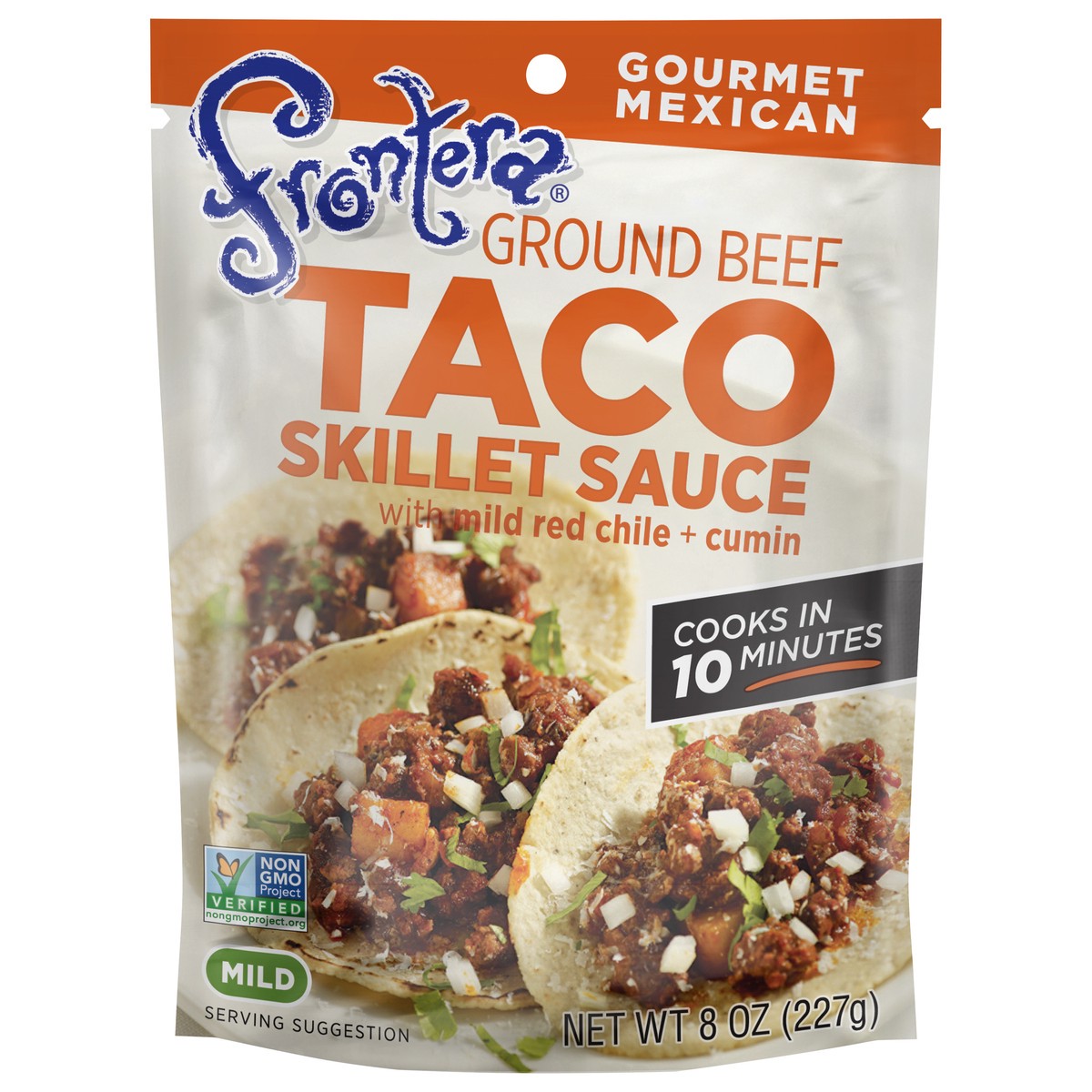 slide 1 of 28, Frontera Mild Ground Beef Taco Skillet Sauce with Mild Red Chile + Cumin 8 oz, 8 oz