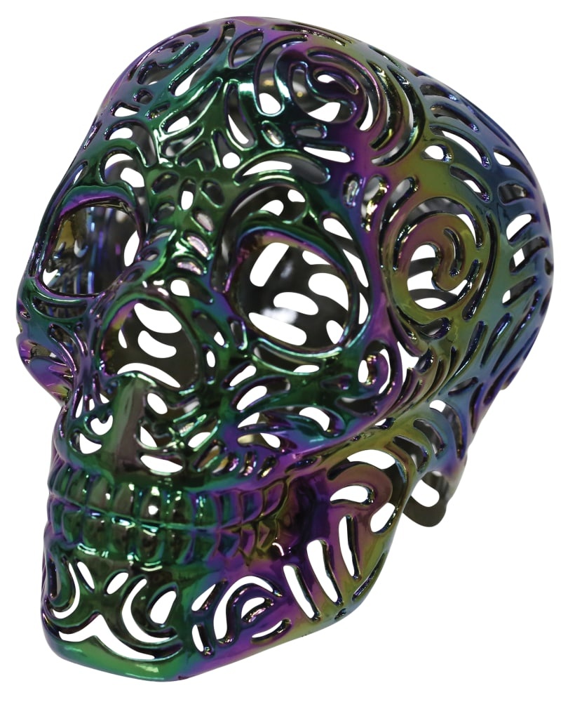 slide 1 of 1, Holiday Home Laser Cut Skull - Oil Slick, 4 in