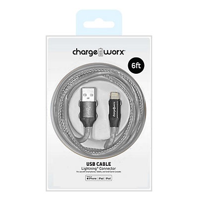 slide 1 of 1, Chargeworx Silver Lightning Connector USB Cable, 6 ft