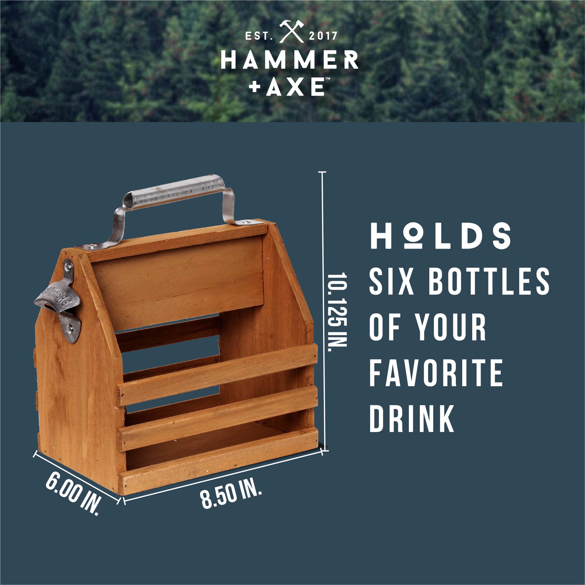 slide 2 of 6, Hammer and Axe Hammer + Axe™ Wooden Bottle Caddy, Six-Pack Beer Carrier with Built-In Metal Bottle Opener, Vintage Look, Moisture-Resistant Brew Holder, Protect up to 6 Bottles of Craft Beer and Homebrew, Natural Stain, 1 PK