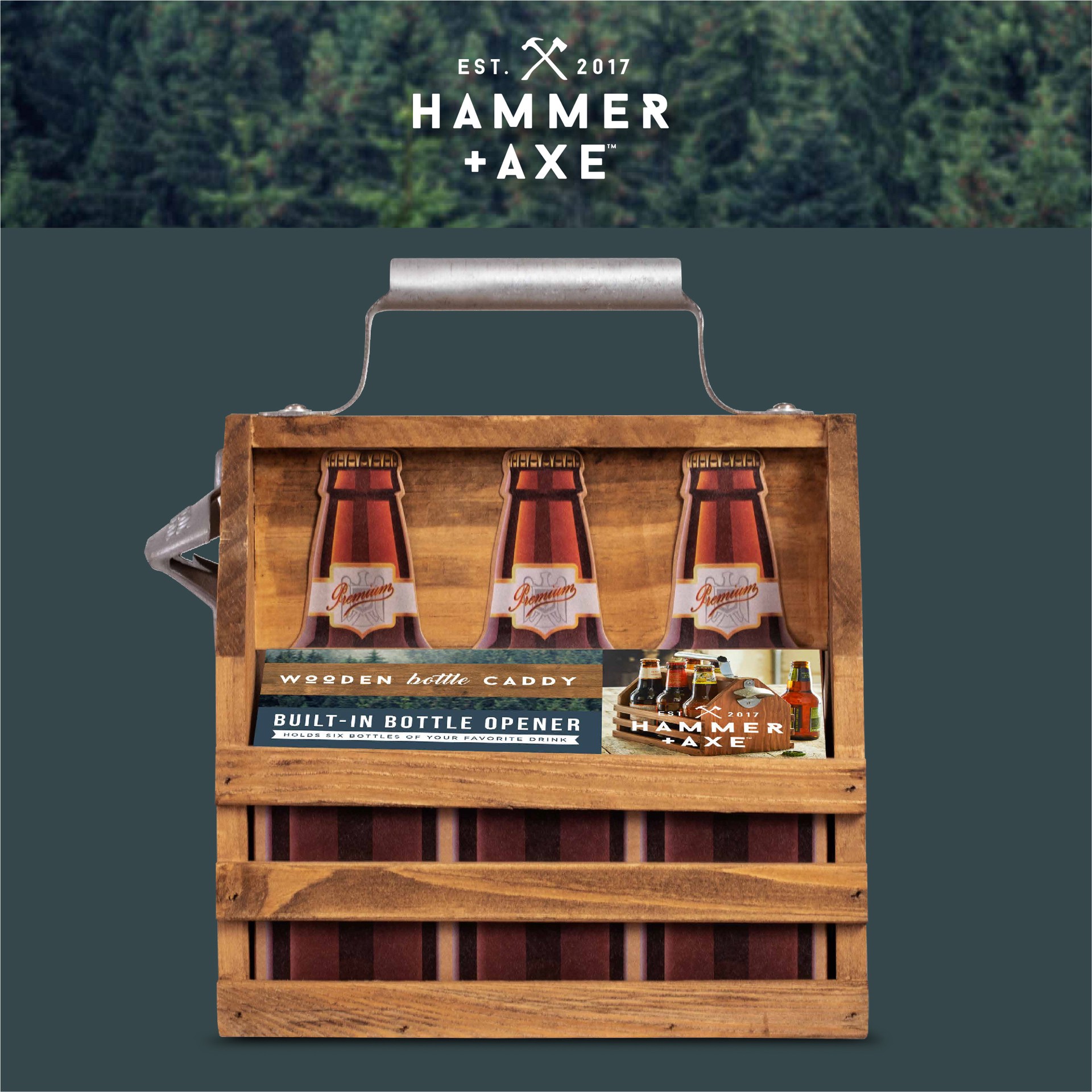 slide 4 of 6, Hammer and Axe Hammer + Axe™ Wooden Bottle Caddy, Six-Pack Beer Carrier with Built-In Metal Bottle Opener, Vintage Look, Moisture-Resistant Brew Holder, Protect up to 6 Bottles of Craft Beer and Homebrew, Natural Stain, 1 PK