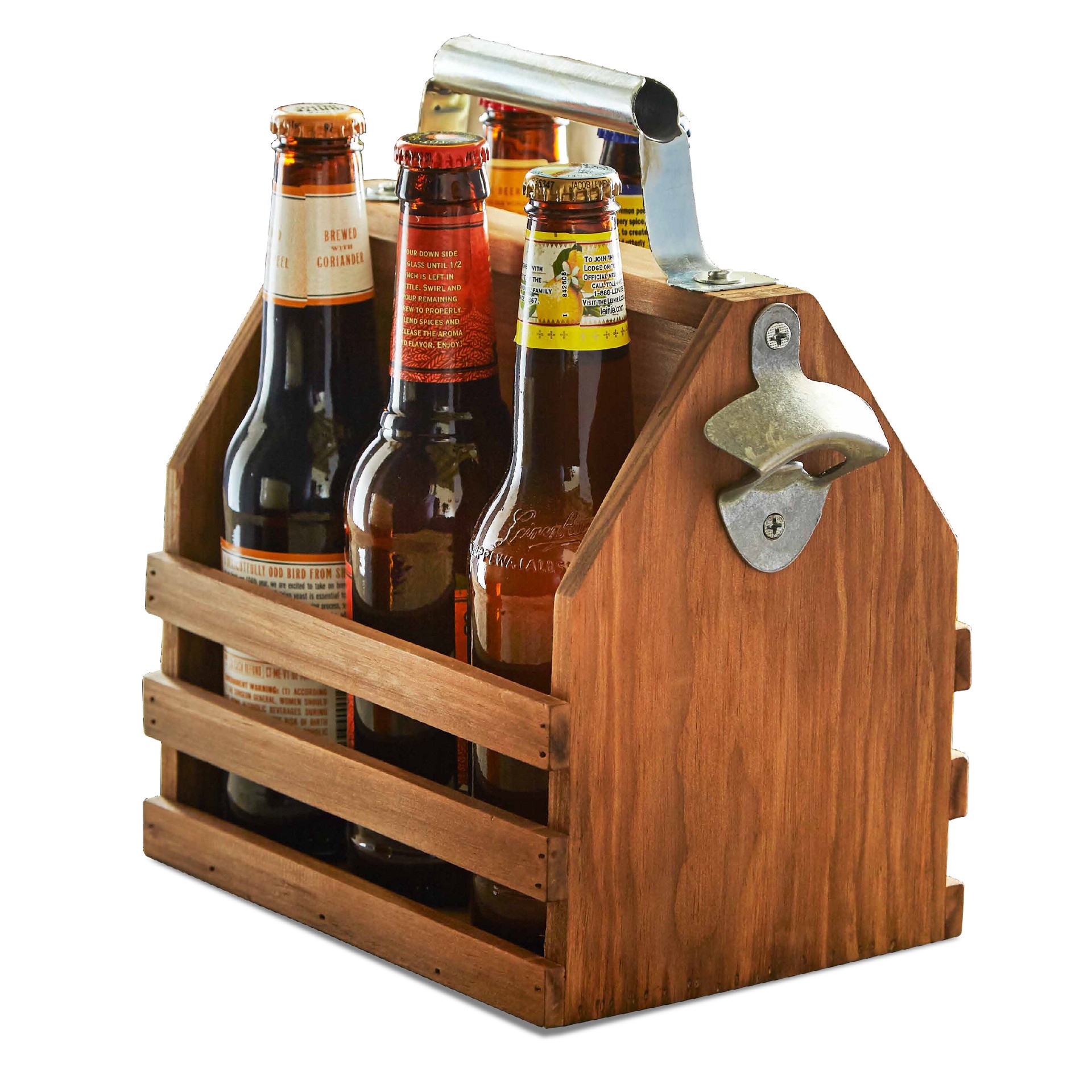 slide 1 of 6, Hammer and Axe Hammer + Axe™ Wooden Bottle Caddy, Six-Pack Beer Carrier with Built-In Metal Bottle Opener, Vintage Look, Moisture-Resistant Brew Holder, Protect up to 6 Bottles of Craft Beer and Homebrew, Natural Stain, 1 PK