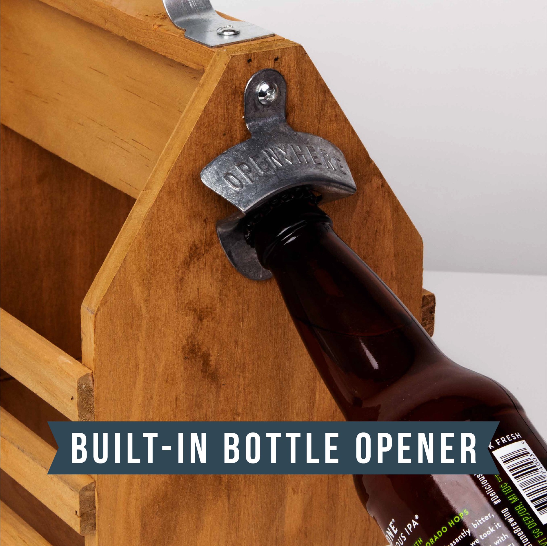 slide 5 of 6, Hammer and Axe Hammer + Axe™ Wooden Bottle Caddy, Six-Pack Beer Carrier with Built-In Metal Bottle Opener, Vintage Look, Moisture-Resistant Brew Holder, Protect up to 6 Bottles of Craft Beer and Homebrew, Natural Stain, 1 PK