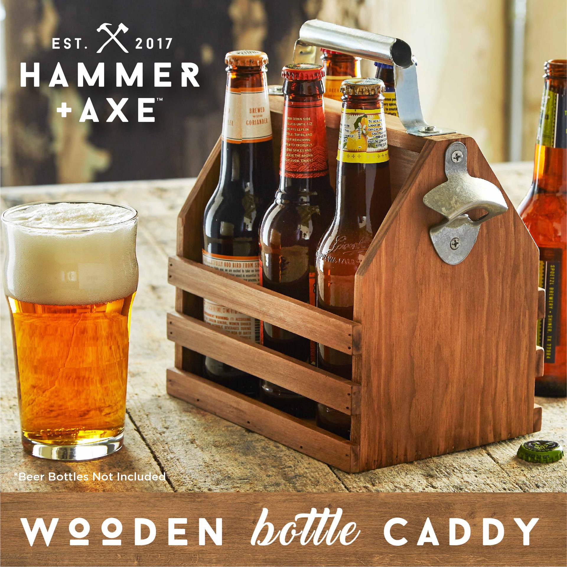 slide 6 of 6, Hammer and Axe Hammer + Axe™ Wooden Bottle Caddy, Six-Pack Beer Carrier with Built-In Metal Bottle Opener, Vintage Look, Moisture-Resistant Brew Holder, Protect up to 6 Bottles of Craft Beer and Homebrew, Natural Stain, 1 PK