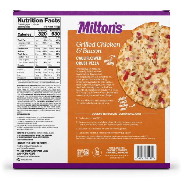 slide 8 of 9, Milton's Cauliflower Crust Pizza - Grilled Chicken & Bacon, 11oz, 11 oz