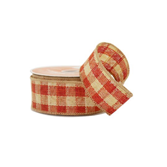 slide 1 of 3, 1.5" X 10yd. Orange Plaid Faux Linen Wired Ribbon By Celebrate It, 1.5 in x 10 yd