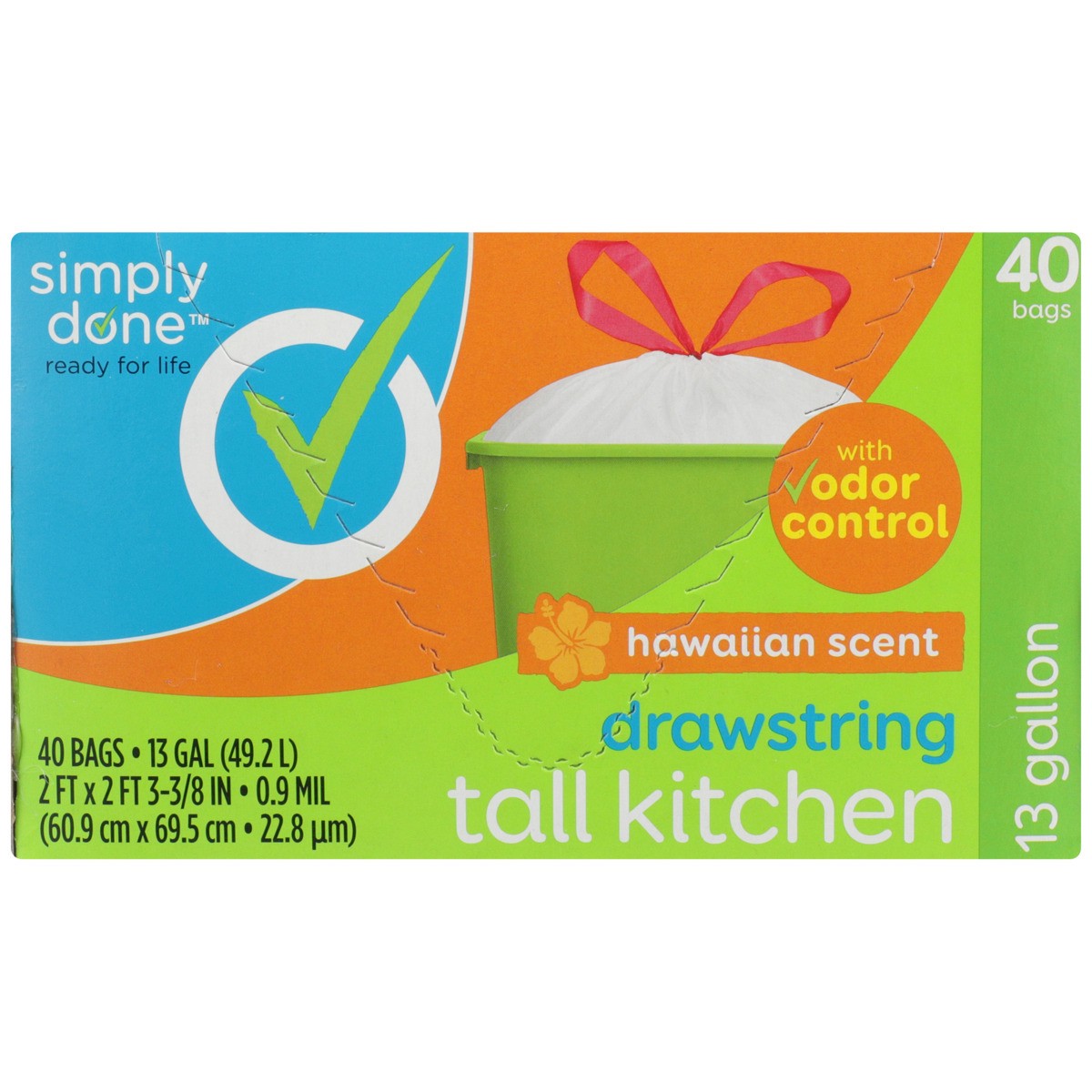 slide 6 of 8, Simply Done Drawstring Tall Kitchen Bags With Odor Control, Hawaiian, 13 gal