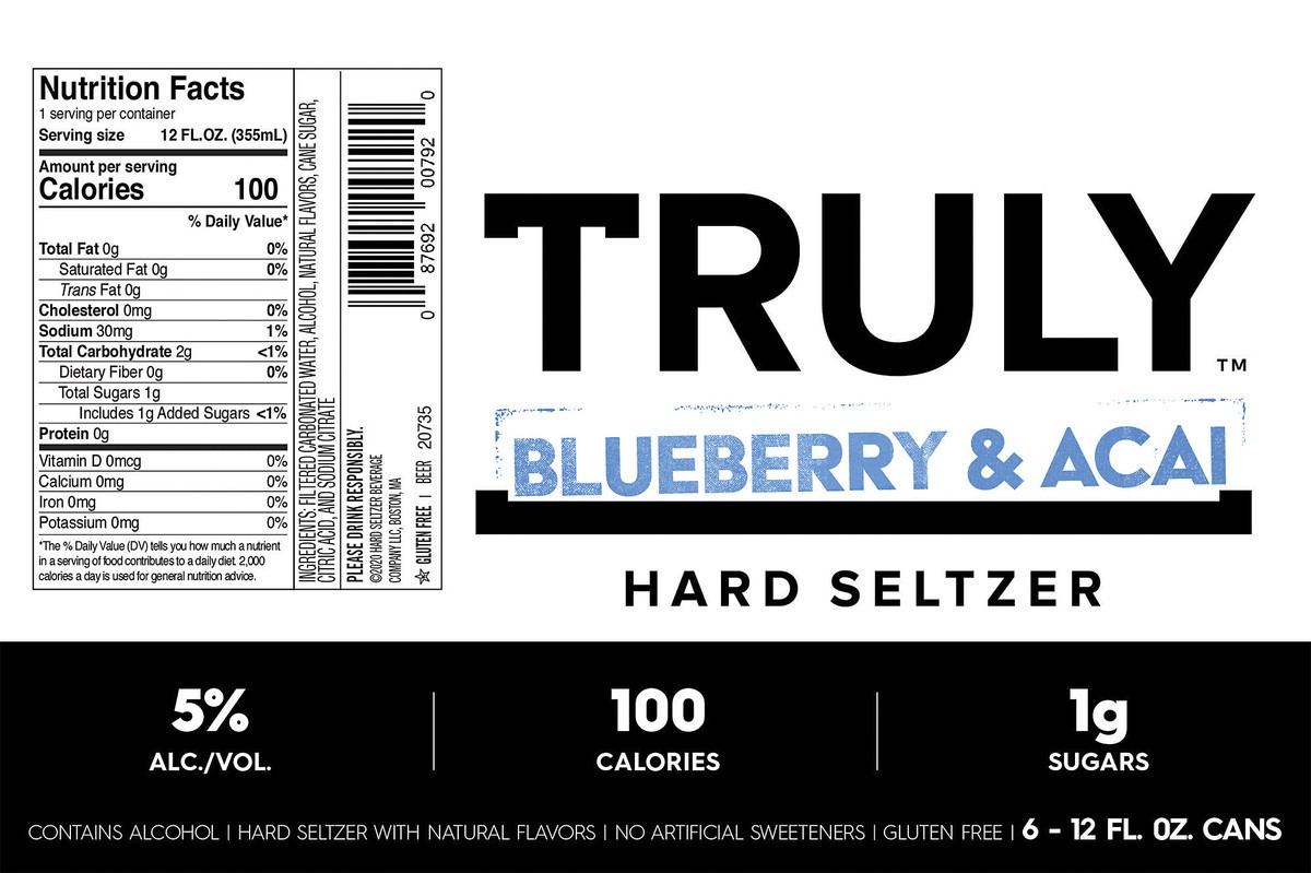 slide 2 of 5, TRULY Hard Seltzer Blueberry & Acai, Spiked & Sparkling Water (12 fl. oz. Can, 6pk.), 6 ct; 12 oz