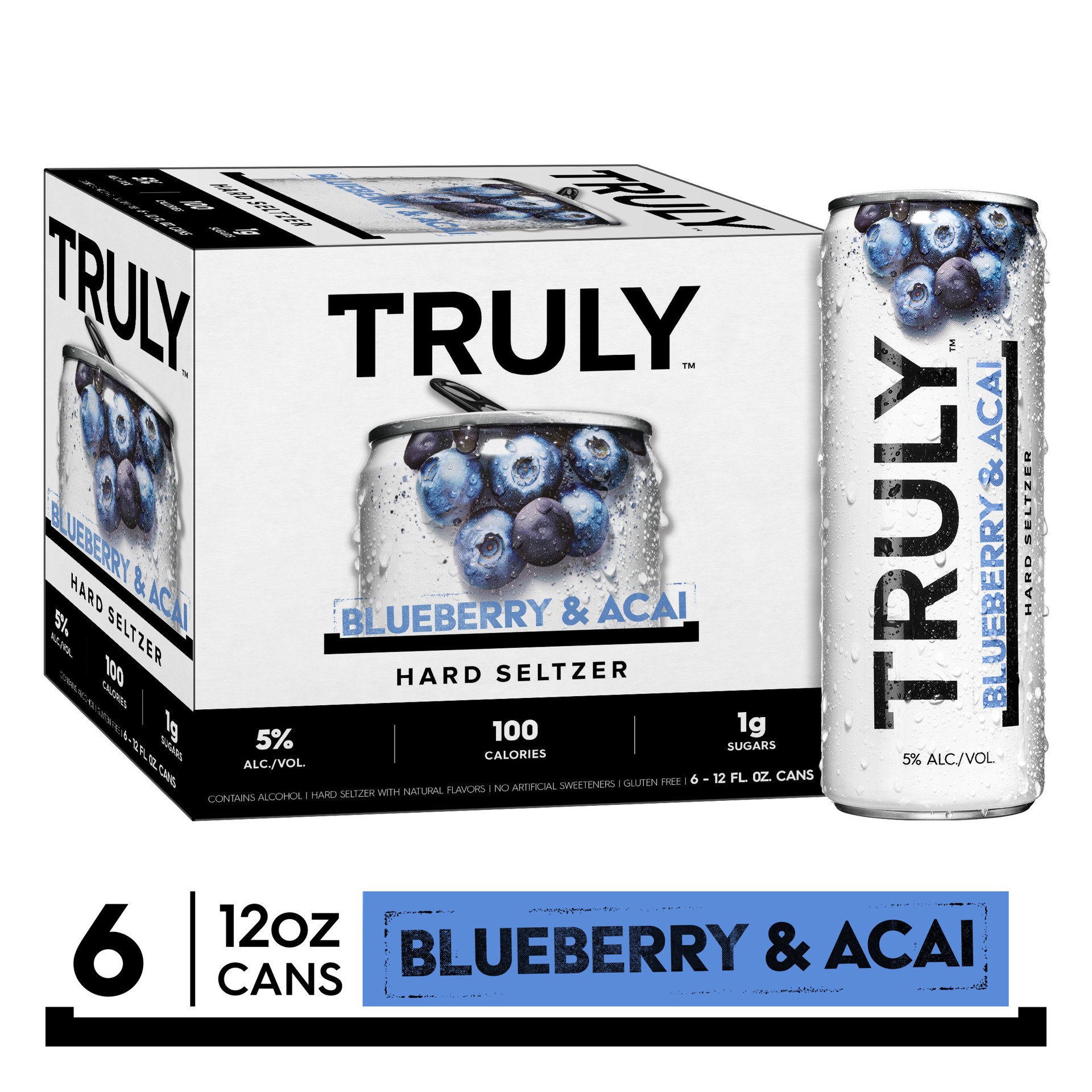 slide 1 of 5, TRULY Hard Seltzer Blueberry & Acai, Spiked & Sparkling Water (12 fl. oz. Can, 6pk.), 6 ct; 12 oz