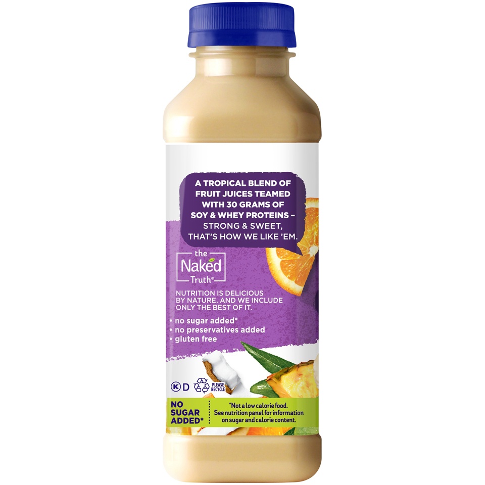 slide 2 of 3, Naked No Sugar Added, Non GMO Protein Tropical Fruit Juice, 15.2 Fl Oz, Bottle, 15.20 fl oz