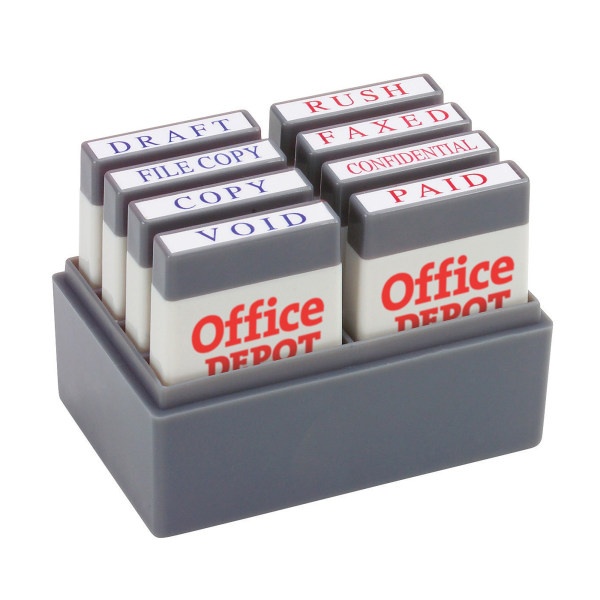 slide 1 of 1, Office Depot Brand Mini Message Stamp Kit, 1'' X 1/4'' Impression, Blue/Red Ink, 1 ct