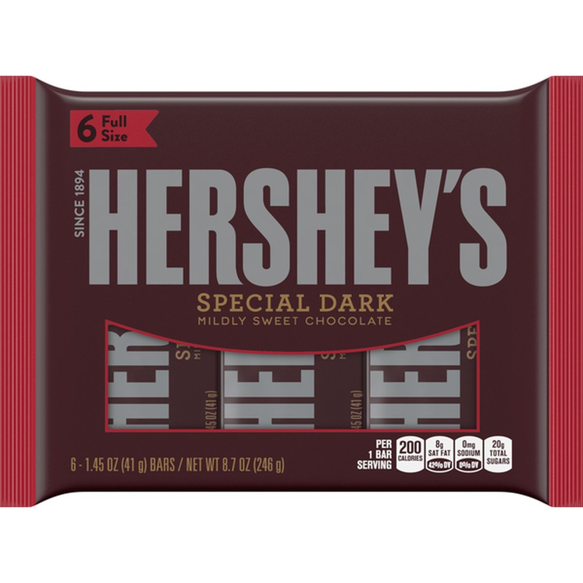 slide 1 of 1, Hershey Chocolate Bar, Mildy Sweet, Special Dark, Full Size, 6 ct