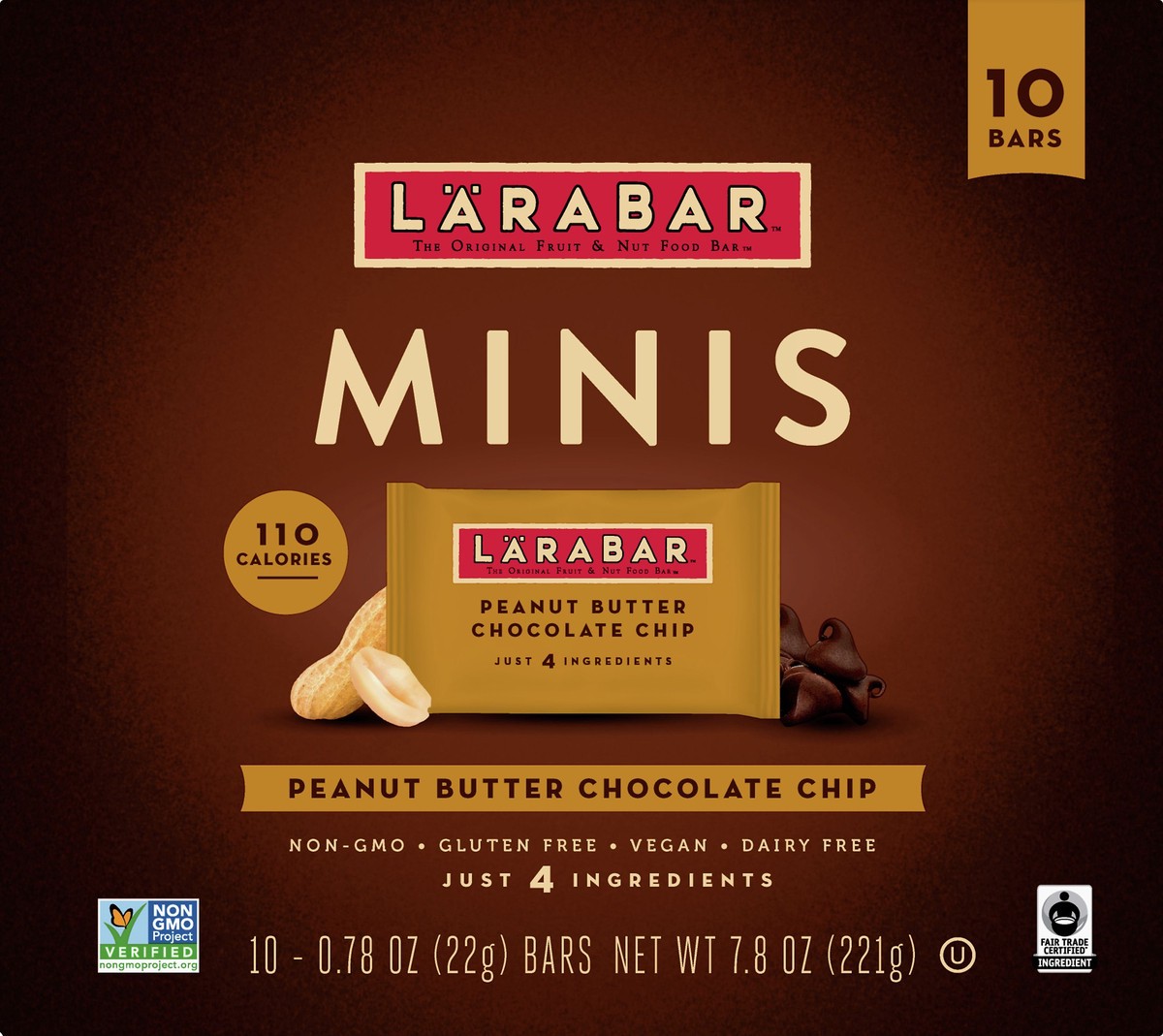 slide 8 of 10, LÄRABAR Peanut Butter Chocolate Chip Mini Bars, Gluten Free Vegan, 10 ct, 10 ct