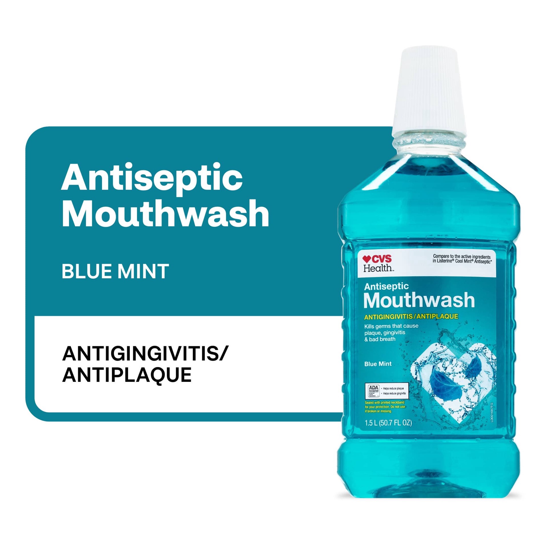 slide 1 of 1, Cvs Health Antiseptic Mouthwash For Antigingivitis & Antiplaque, Blue Mint, 1.5 L, 1 ct