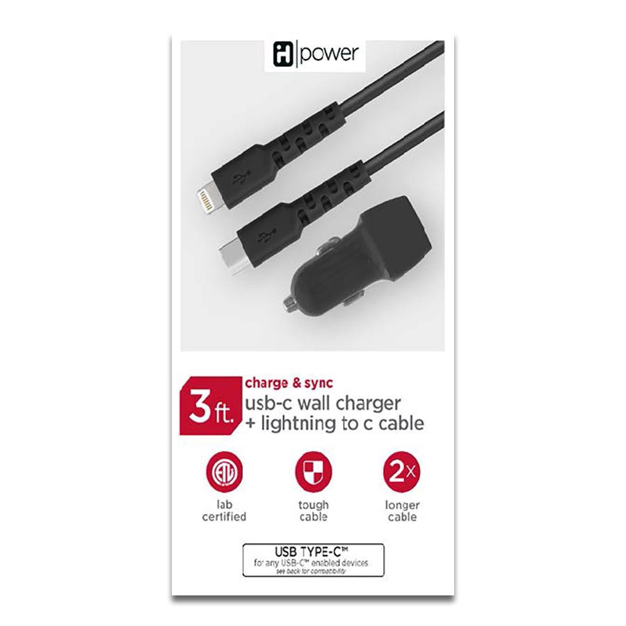 slide 1 of 1, iHome Lightning to USB-C Cable with Car Charger - Black, 3 ft