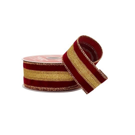 slide 1 of 3, 1.5" X 25ft. Burgundy & Gold Stripes Wired Ribbon By Celebrate It, 1.5 in x 25 ft