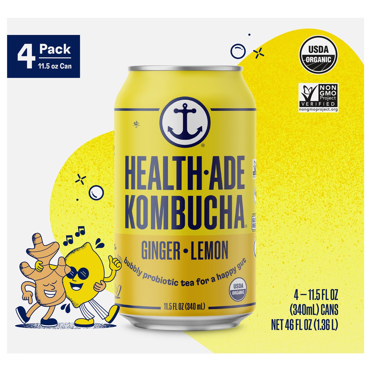 slide 1 of 15, Health-Ade Health Ade Kombucha- Ginger Lemon- 4 ct, 