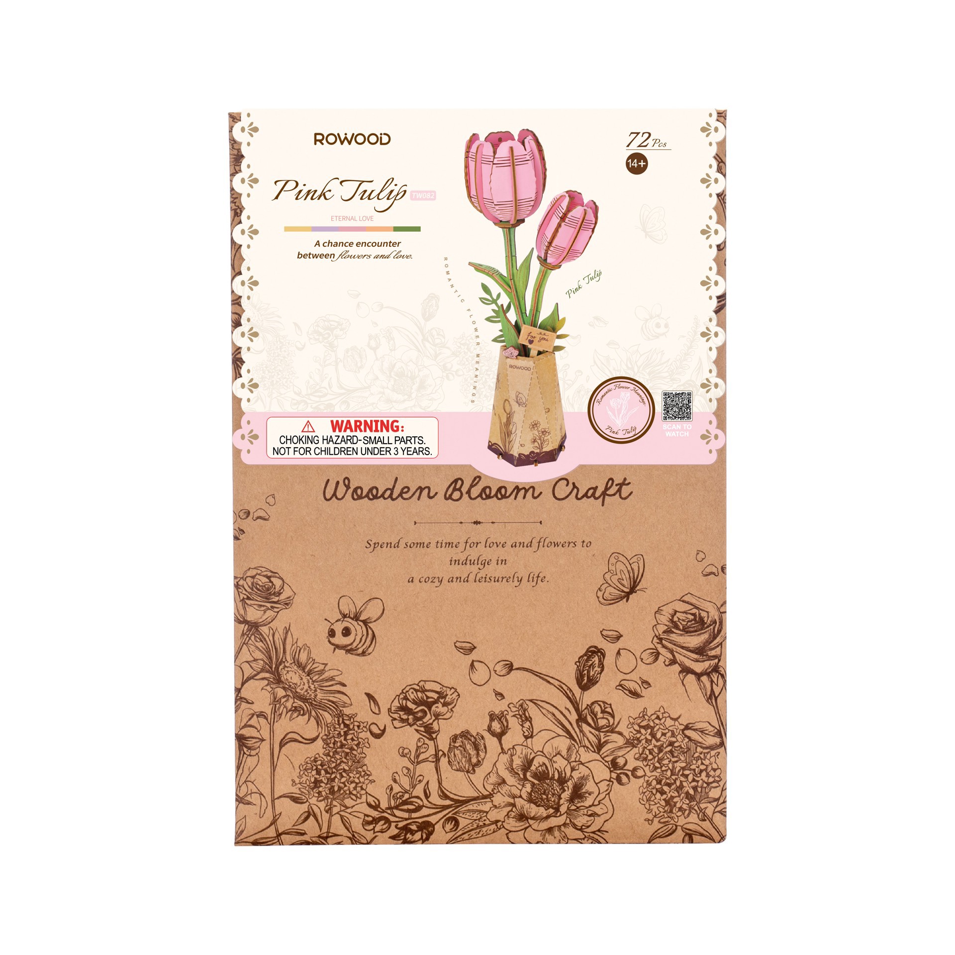 slide 5 of 6, Robotime Rowood Pink Tulip Wooden Bloom Craft, 3.5 in x 2.6 in x 8.9 in