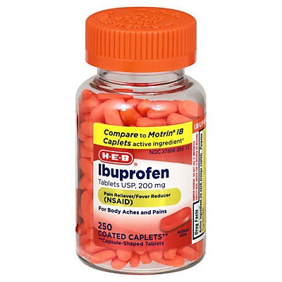 slide 1 of 1, H-E-B Ibuprofen 200 mg Caplets Clear Bottle, 250 ct