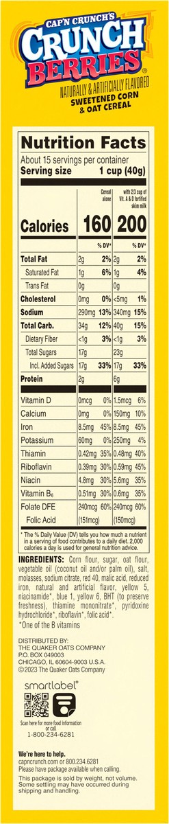 slide 8 of 12, Cap'n Crunch Sweetened Corn & Oat Cereal Crunch Berries Naturally & Artificially Flavored 20.5 Oz, 20.5 oz