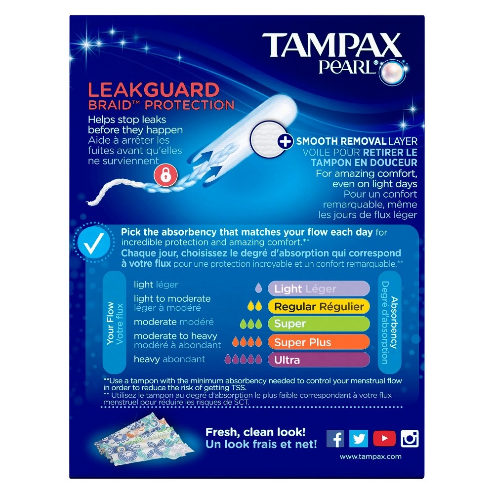 slide 4 of 8, Tampax Pearl Tampons, with LeakGuard Braid, Regular Absorbency, Unscented, 18 Count, 18 ct