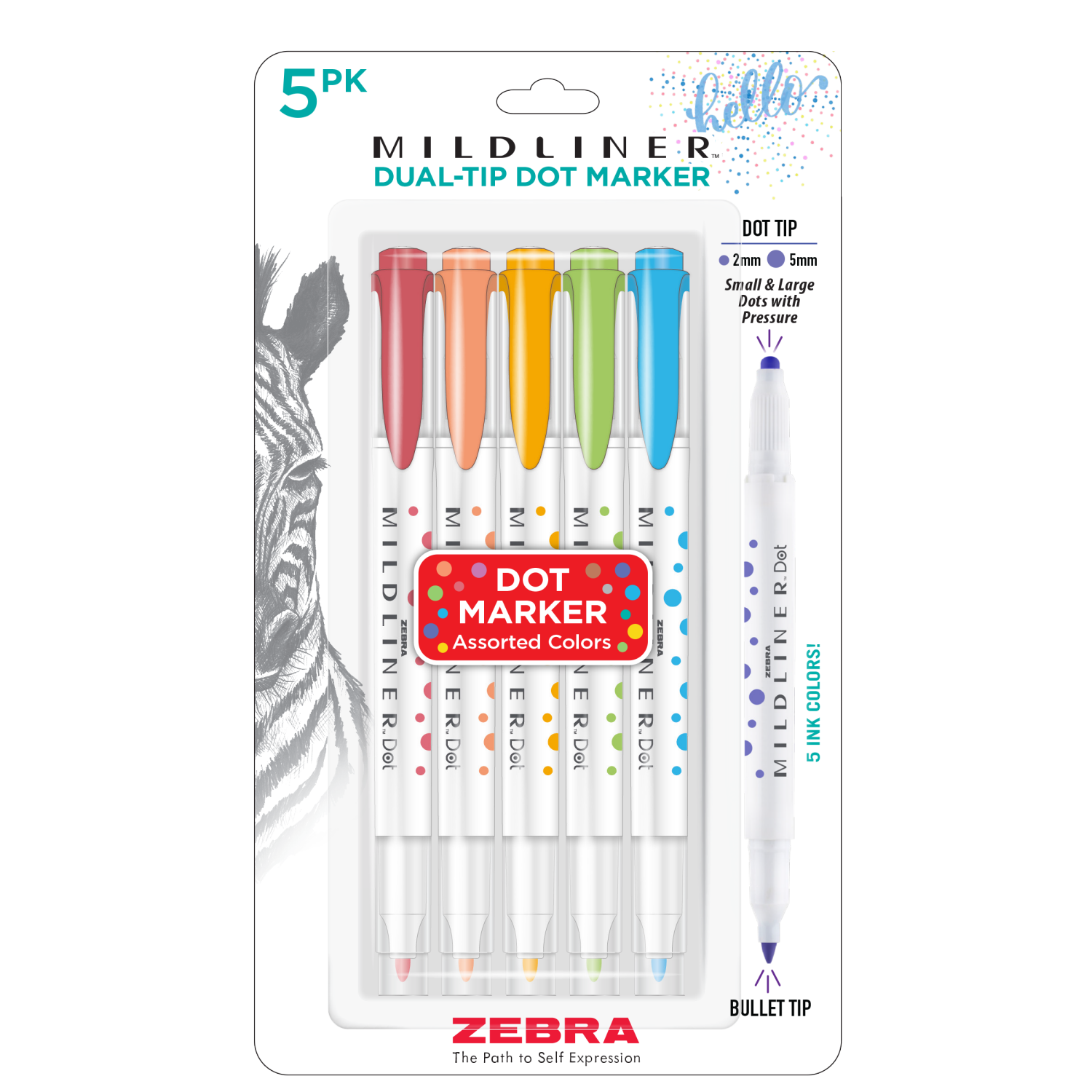 slide 1 of 5, ZEBRA Mildliner Dual-Tip Dot Marker Asst 5pk, 5 ct