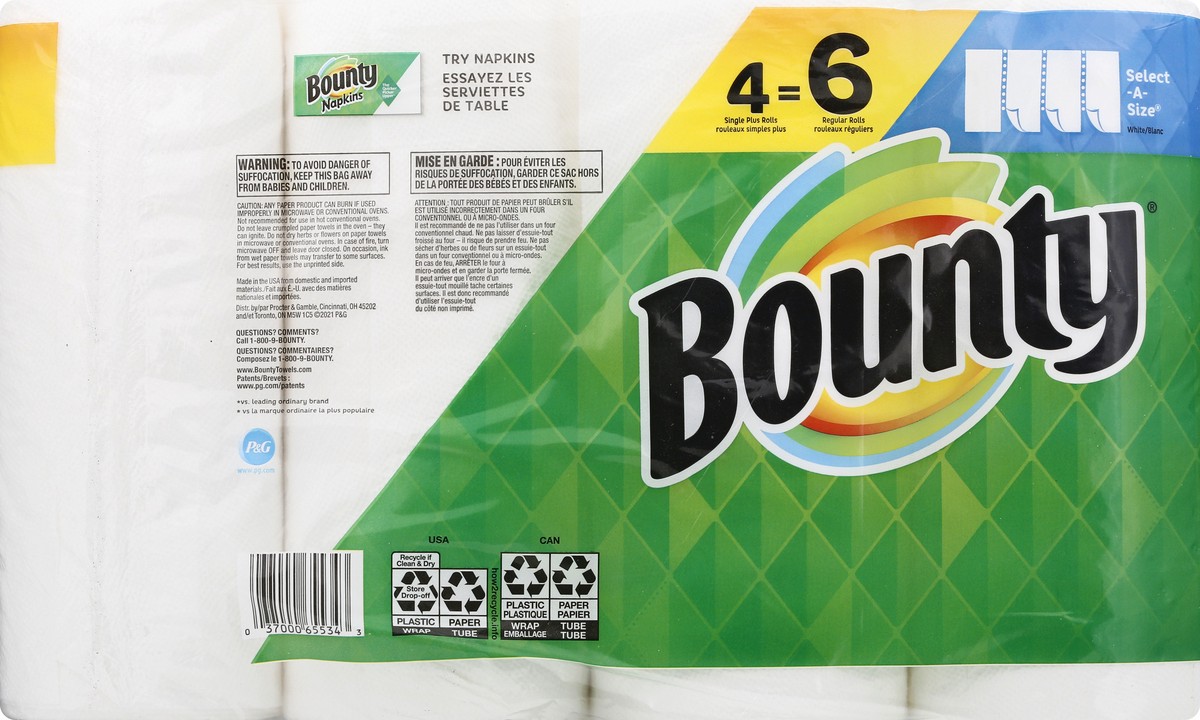 slide 4 of 10, Bounty Select-A-Size White Single Plus Rolls 2-Ply Paper Towels 4 ea, 4 ct