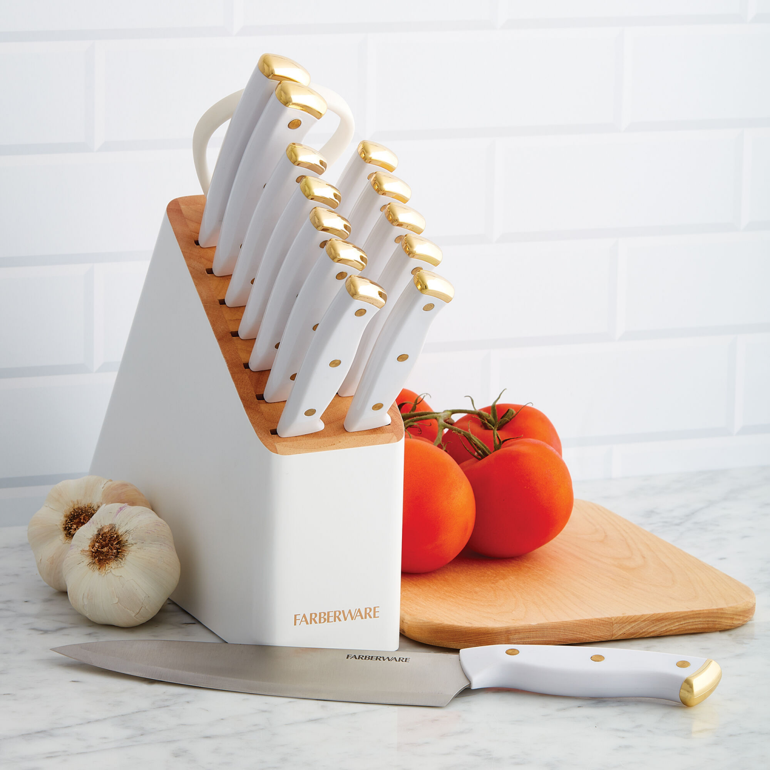 slide 2 of 2, Farberware® Slim Cutlery Set White with Gold Trim and Endcaps, 14 ct