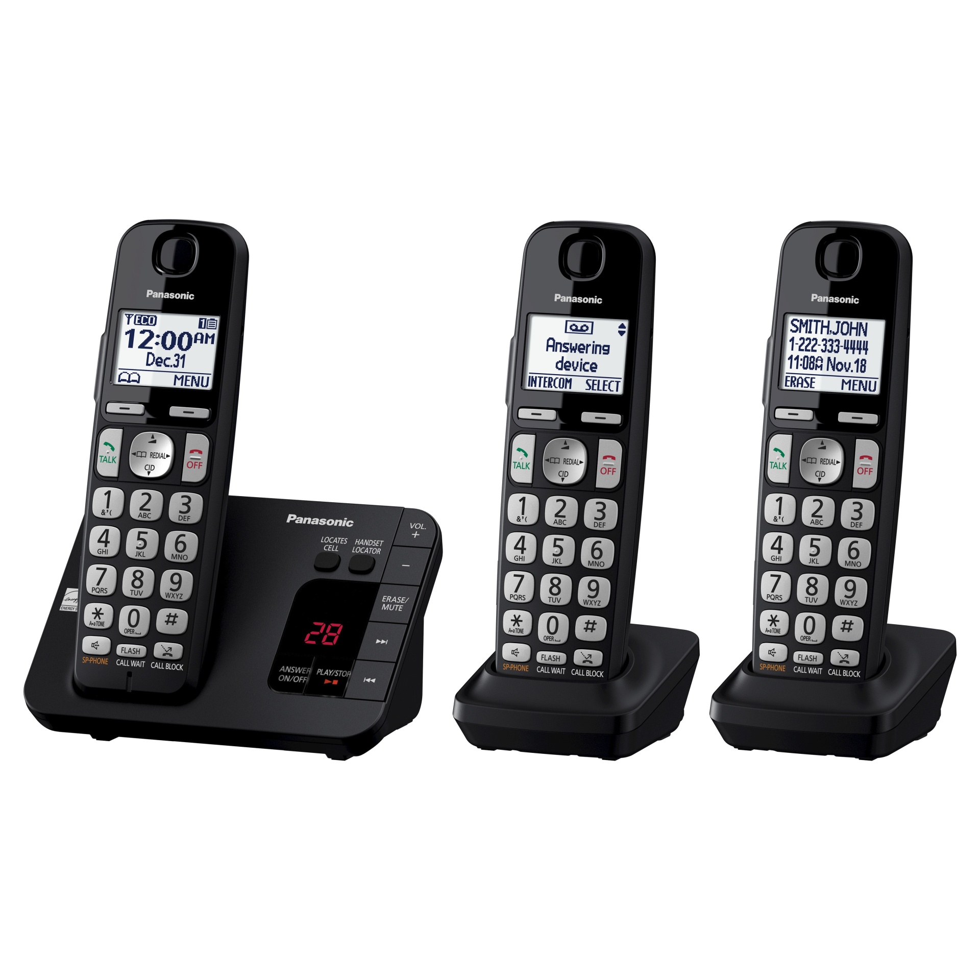 slide 1 of 3, Panasonic 3 Handset Cordless Phone with Digital Answering Machine - Black (KX-TGE433B), 1 ct