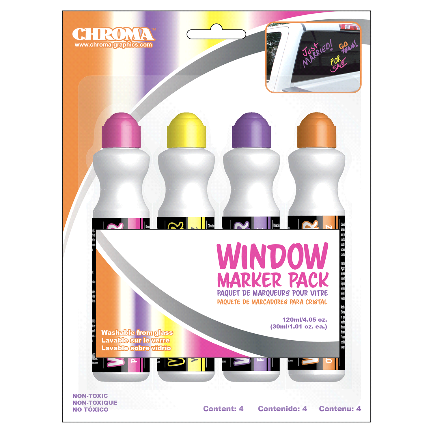 slide 1 of 1, Chroma Assorted Neon 4-pack Window Marker Set, 1 ct