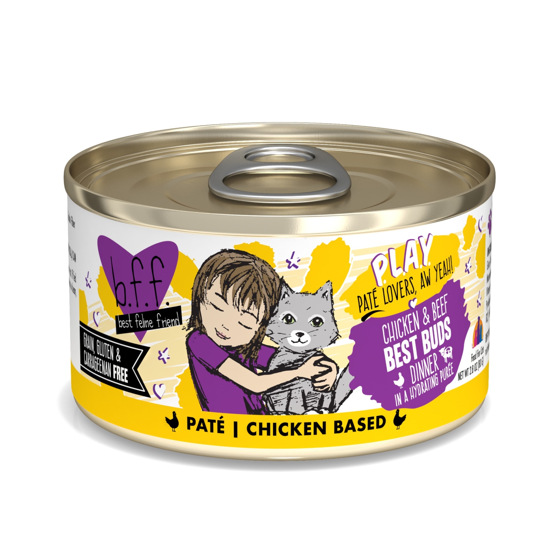 slide 1 of 1, B.F.F. P.L.A.Y. Best Buds Chicken & Beef Dinner in a Hydrating Puree Wet Cat Food, 2.8 oz., 2.8 oz