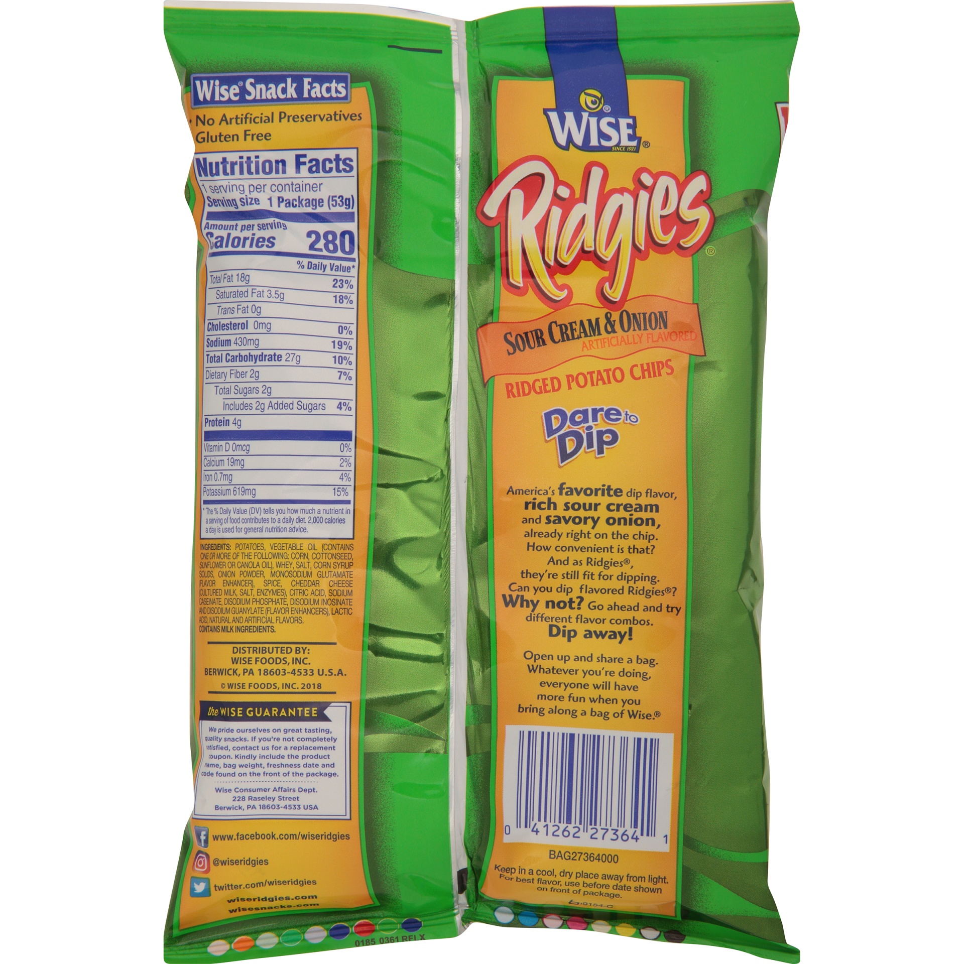 slide 4 of 6, Wise Ridgies Sour Cream & Onion Potato Chips, 1.875 oz