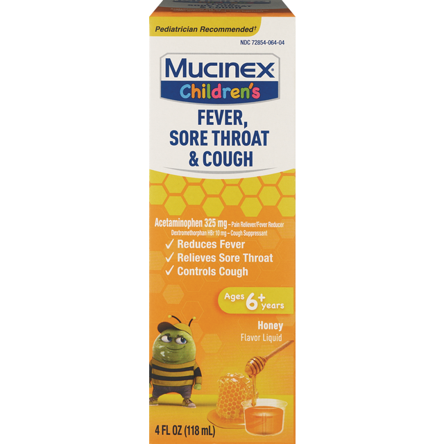 slide 1 of 1, Mucinex Children's Fever, Sore Throat & Cough Honey Liquid, 4 oz