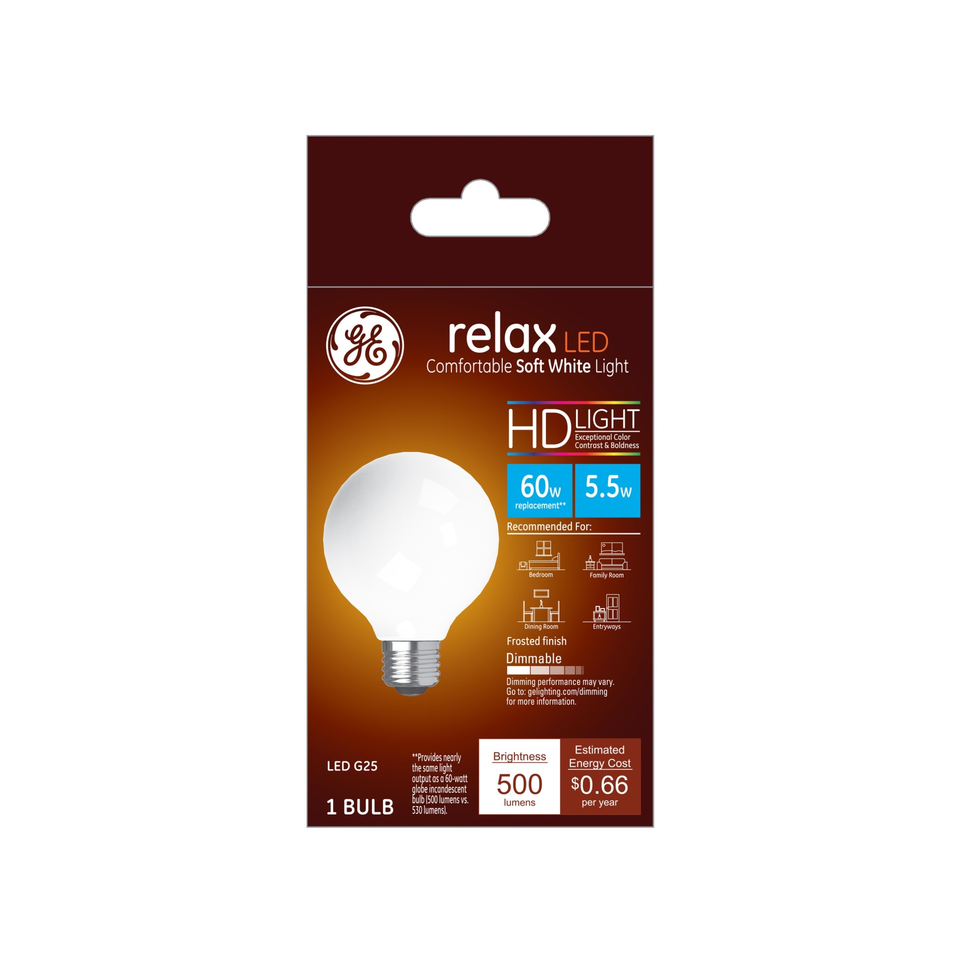 slide 1 of 2, GE Household Lighting GE Relax LED HD Globe Light Bulb 5.5W 60W Equivalent Soft White, 1 ct