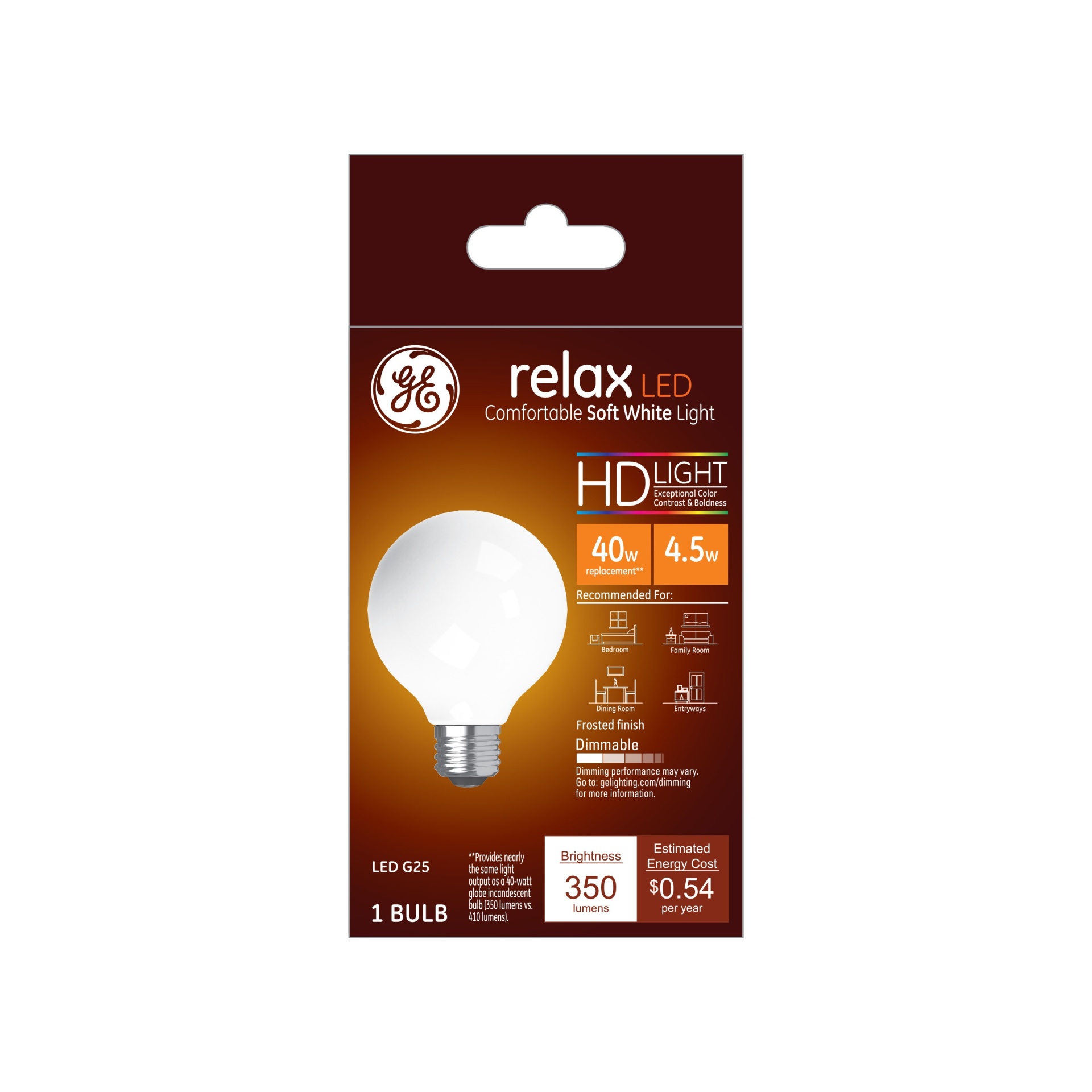 slide 1 of 2, GE Household Lighting GE Relax LED HD Globe Light Bulb 4.5W 40W Equivalent Soft White, 1 ct