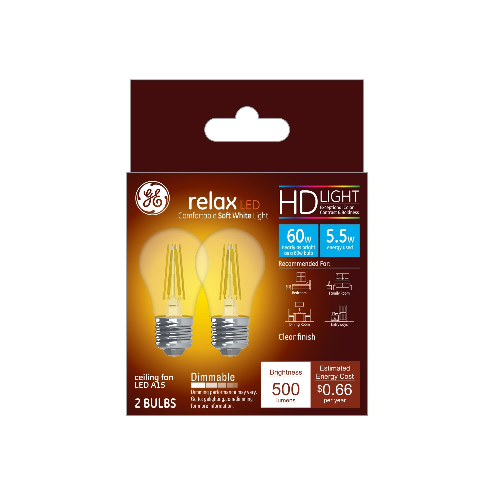 slide 1 of 3, GE Household Lighting General Electric 2pk 5.5W (60W Equivalent) Relax LED HD Ceiling Fan Light Bulbs Soft White, 2 ct