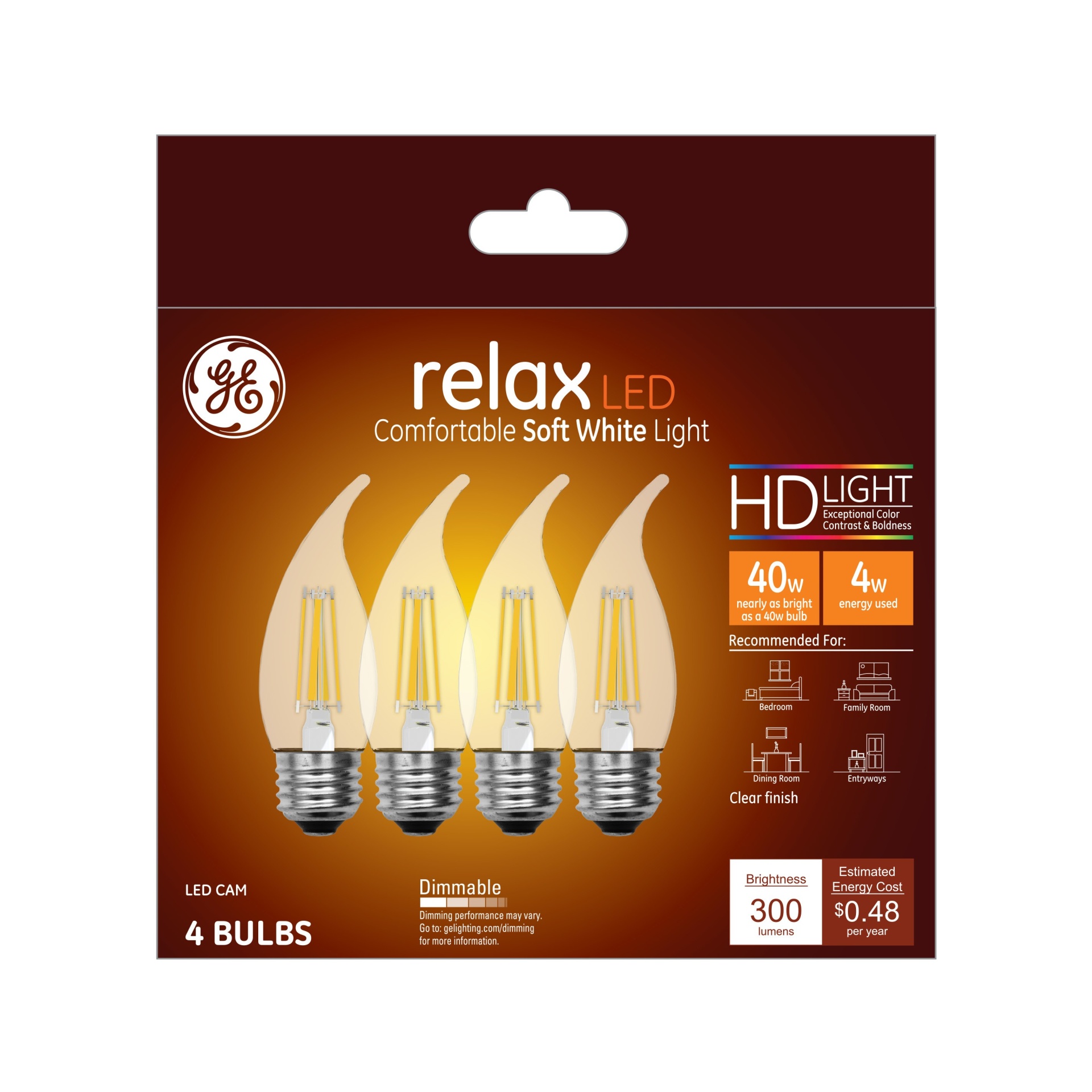 slide 1 of 2, GE Household Lighting General Electric 4pk 4W (40W Equivalent) Relax LED HD Decorative Light Bulbs Soft White, 4 ct