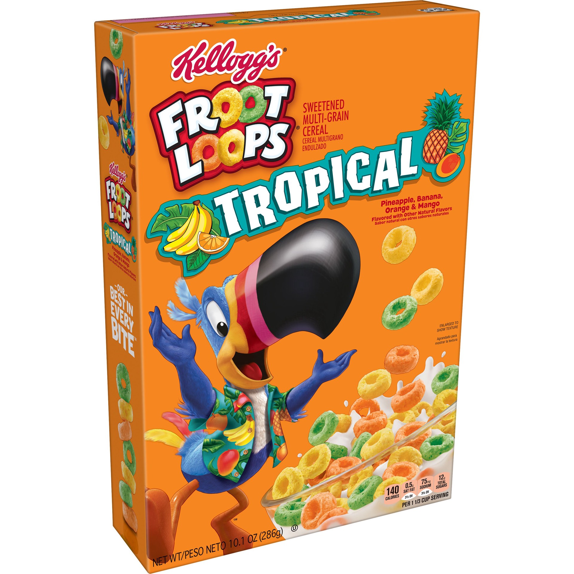 slide 1 of 4, Kellogg's Froot Loops Breakfast Cereal, Fruit Flavored, Breakfast Snacks, Tropical, 10.1 oz