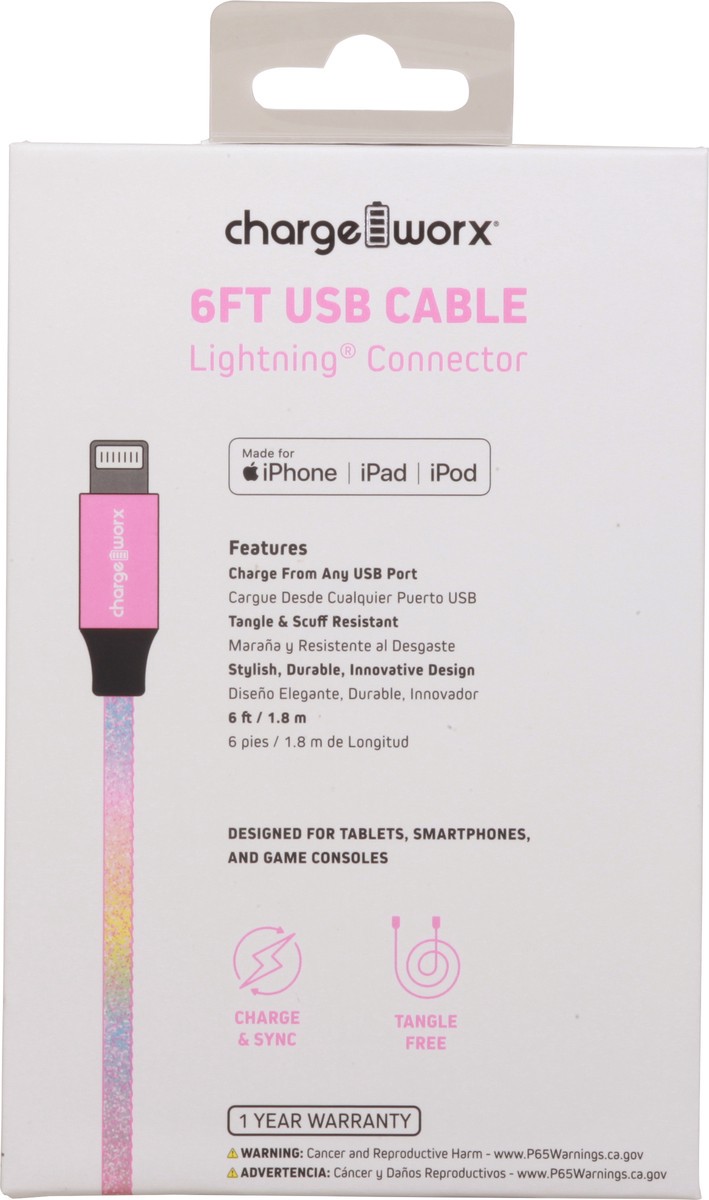 slide 6 of 9, Chargeworx Multi-Color Lightning Connector USB Cable, 6 ft