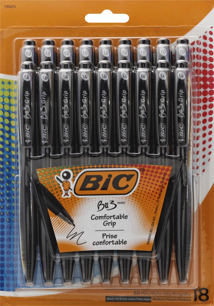 slide 1 of 11, BIC BU3 Grip Retractable Ball Pen, Medium Point (1.0mm), Black, 18 ct