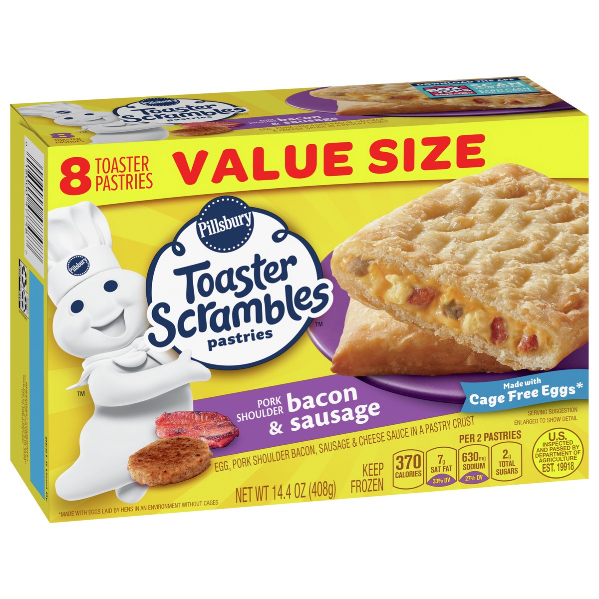 slide 2 of 11, Pillsbury Bacon & Sausage Toaster Scrambles, Frozen Breakfast Pastries, 8 ct, 14 oz, 14.4 oz