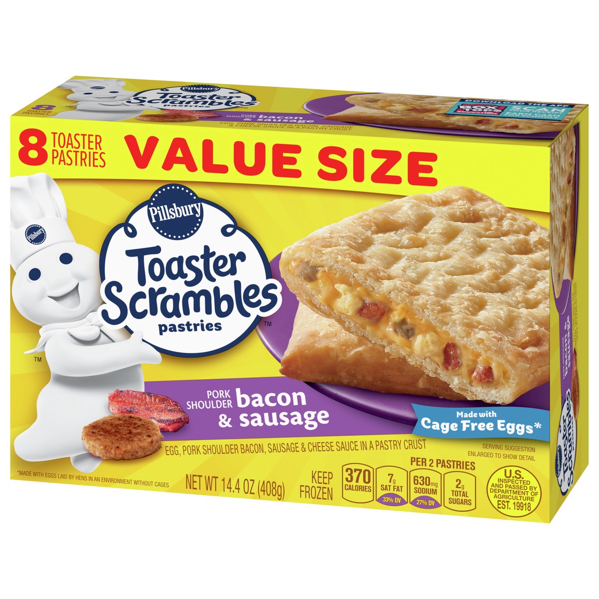 slide 5 of 11, Pillsbury Bacon & Sausage Toaster Scrambles, Frozen Breakfast Pastries, 8 ct, 14 oz, 14.4 oz