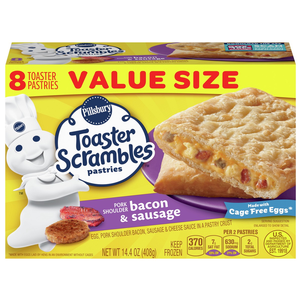 slide 1 of 11, Pillsbury Bacon & Sausage Toaster Scrambles, Frozen Breakfast Pastries, 8 ct, 14 oz, 14.4 oz