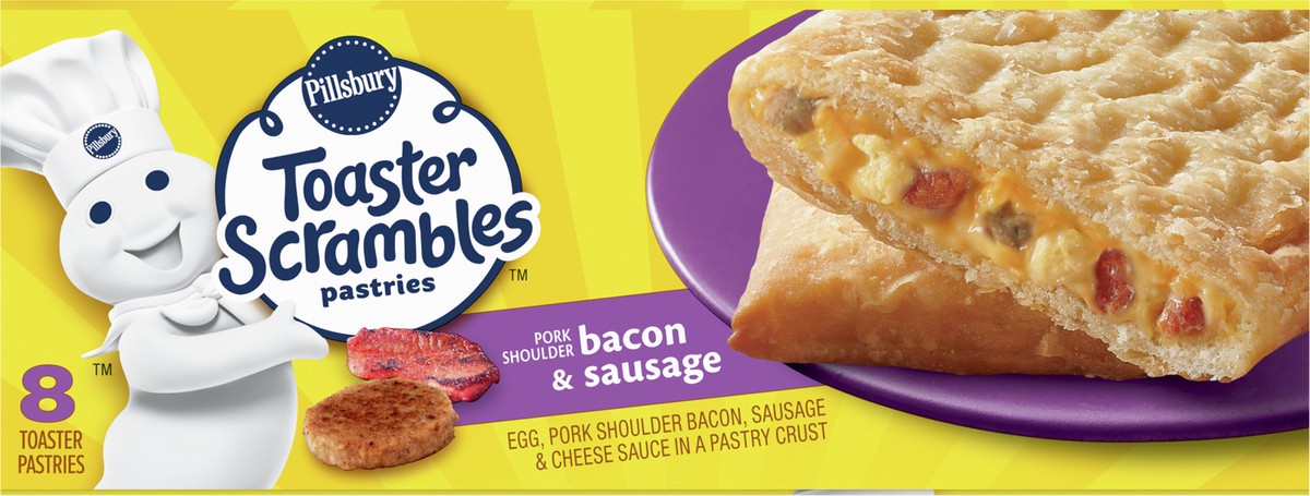 slide 4 of 11, Pillsbury Bacon & Sausage Toaster Scrambles, Frozen Breakfast Pastries, 8 ct, 14 oz, 14.4 oz