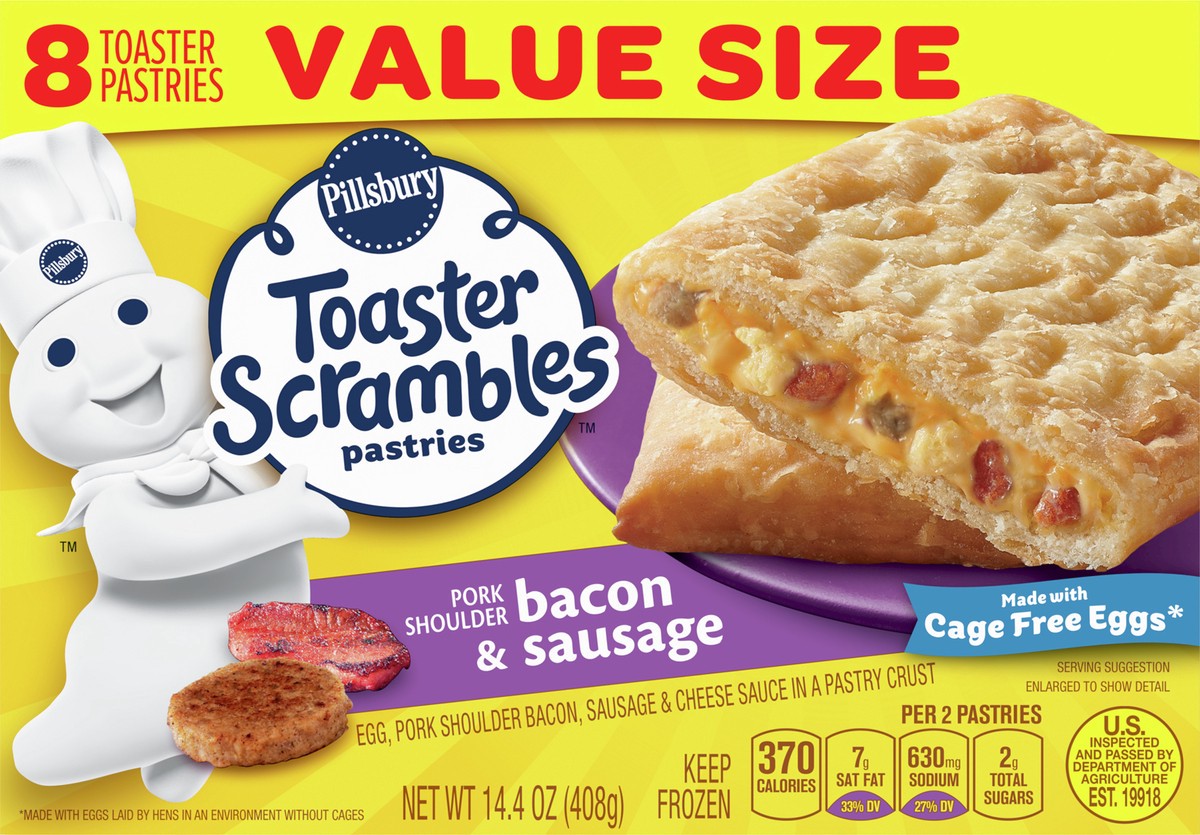 slide 6 of 11, Pillsbury Bacon & Sausage Toaster Scrambles, Frozen Breakfast Pastries, 8 ct, 14 oz, 14.4 oz