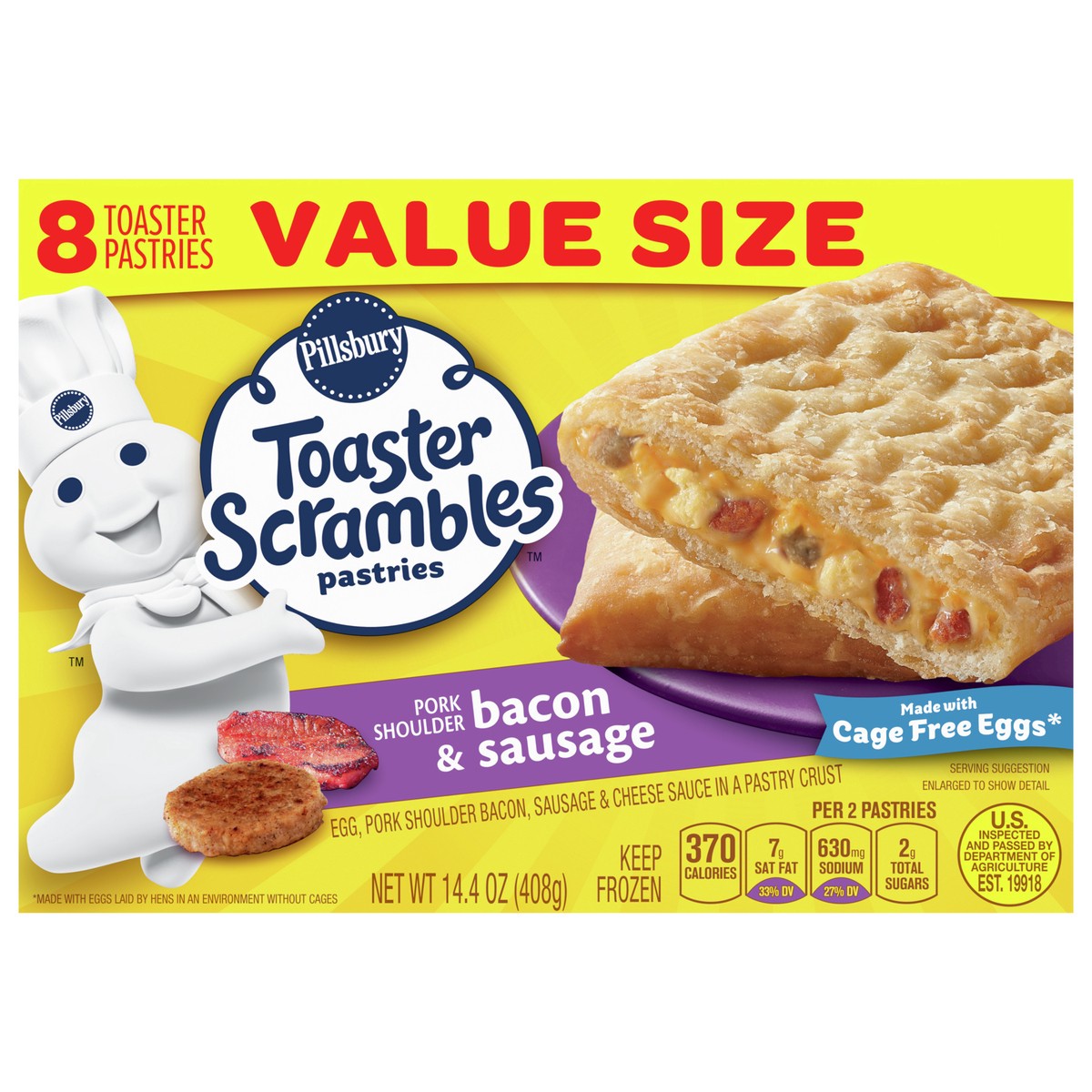 slide 9 of 11, Pillsbury Bacon & Sausage Toaster Scrambles, Frozen Breakfast Pastries, 8 ct, 14 oz, 14.4 oz